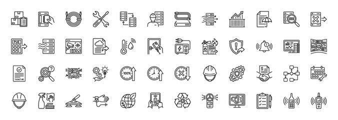 Fototapeta premium Data center management line icon set. Vector pictograms of PUE, server, cooling, and security, thin linear illustration.