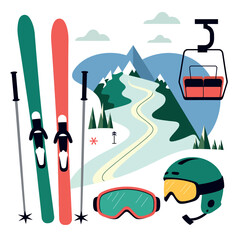 Winter ski equipment is displayed with a mountain ski slope and ski lift in the background.