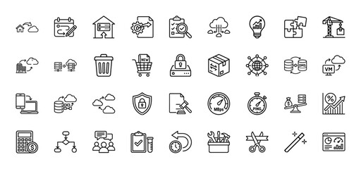 Cloud computing, data management, and technology line icon set. Vector pictograms of server, calendar, security, and virtual machine, thin linear illustration.