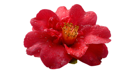 Vibrant red camellia flower with water droplets glistening on its petals against a stark showcasing nature's delicate beauty