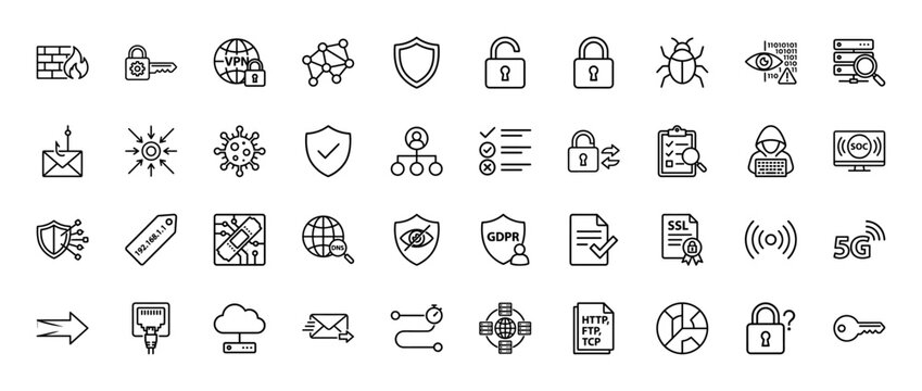Cyber security line icon set. Vector pictograms of firewall, vpn, shield, hacker, server, cloud, encryption, padlock, bug and phishing, thin linear illustration.