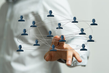 Hand touching network of people, digital communication concept. Representing connection, global community, teamwork, and social media engagement