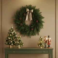 Stylish interior of Christmas arrangement with Christmas tree, white sofa and festive decorations.Warm holiday room with Christmas cushions and wrapped gifts