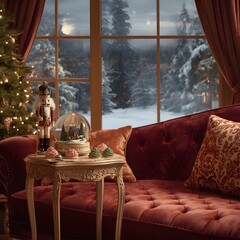 Stylish interior of Christmas arrangement with Christmas tree, white sofa and festive decorations.Warm holiday room with Christmas cushions and wrapped gifts