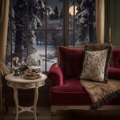 Stylish interior of Christmas arrangement with Christmas tree, white sofa and festive decorations.Warm holiday room with Christmas cushions and wrapped gifts