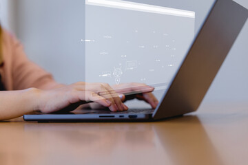 female hands typing on a laptop with virtual AI chatbot interface and command prompt overlay, representing artificial intelligence, automation smart technology.