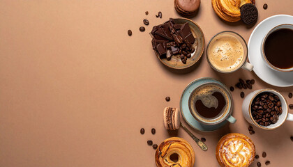 coffee cups and sweet desserts on a pastel brown background
