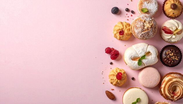 sweet desserts and cookies on a pastel background