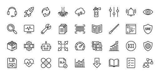 Fototapeta premium Information technology line icon set. Vector pictograms of support, security, development, and data, thin linear illustration.