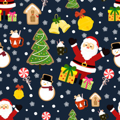 Joyful Christmas seamless pattern with Santa Claus and snowman. festive holiday illustration on dark winter background featuring gifts, trees, and candy canes