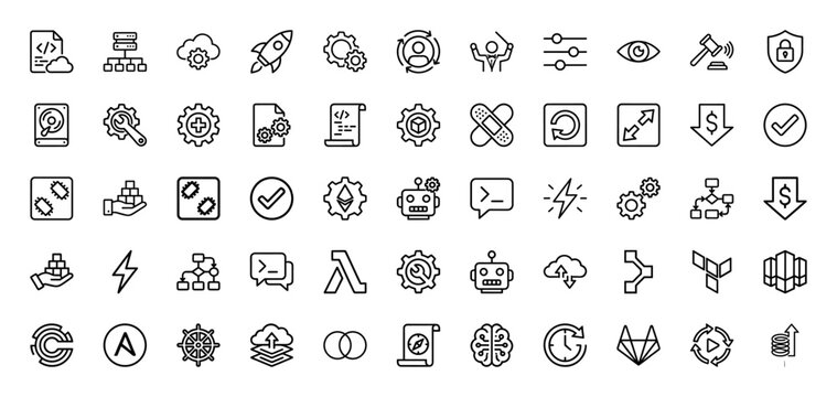 Software development and data technology line icon set. Vector pictograms of coding, cloud computing, server, rocket, and robotics, thin linear illustration.