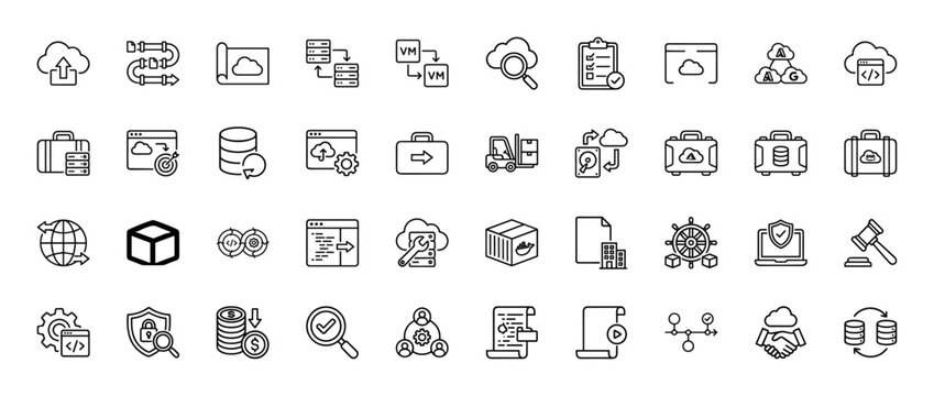 Cloud computing and data migration line icon set. Vector pictograms of server, database, pipeline, virtual, container, backup, devops, thin linear illustration.