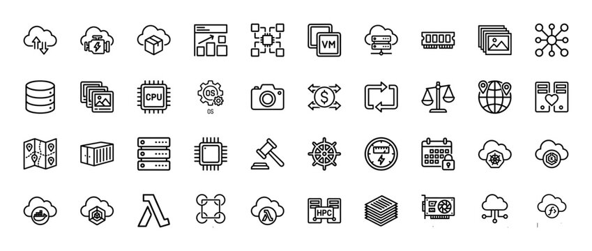 Cloud computing and network technology line icon set. Vector pictograms of virtual machine, database, server, cpu, and storage, thin linear illustration.