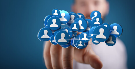 Networking, social connections, community and teamwork concept with human silhouettes connected digitally. Represents unity, global network and