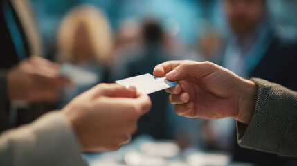 Two hands exchanging business cards in a professional setting, representing networking and collaboration opportunities.