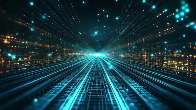 Animation of digital information flowing through a network of connected wireframe poly lines. The abstract concept highlights connectivity and data transfer. Great for tech or business concepts.