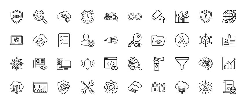 Information technology and cybersecurity line icon set. Vector pictograms of security, cloud computing, data, and analysis, thin linear illustration.