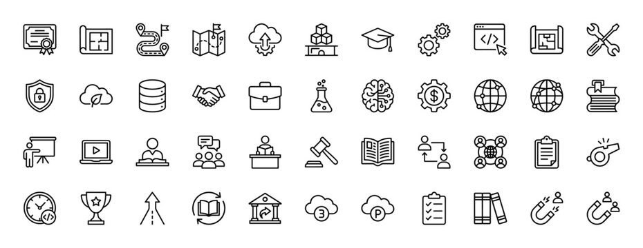 Business and education line icon set. vector pictograms of certificate, planning, cloud, brain, research, and tools, thin linear illustration.