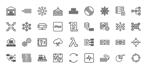 Cloud computing and decentralized technology line icon set. Vector pictograms of container, server, API, and blockchain, thin linear illustration.