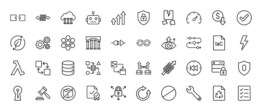 Cloud computing and security line icon set. Vector pictograms of server, robot, shield, data, and code, thin linear illustration.