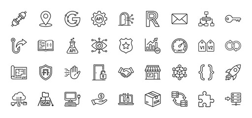 Application programming interface and development line icon set. Vector pictograms of connection, location, service-oriented architecture, and data transfer, thin linear illustration.