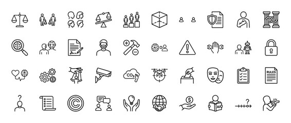 Naklejka na ściany i meble Ethics and compliance line icon set. Vector pictograms of justice scales, brain, surveillance camera, whistleblower, copyright, shield, puppet, thin linear illustration.