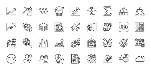 Business and data analysis line icon set. Vector pictograms of charts, mining, calendar, targeting, and machine learning, thin linear illustration.