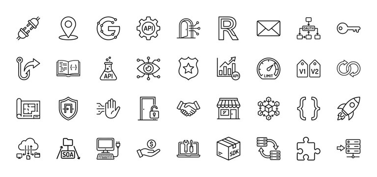Application programming interface and development line icon set. Vector pictograms of connection, location, service-oriented architecture, and data transfer, thin linear illustration.
