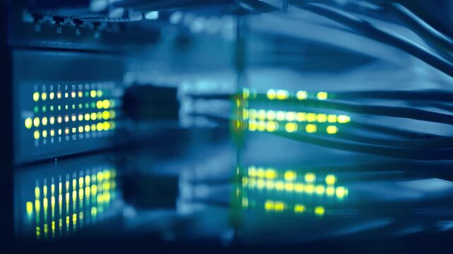 Futuristic High-Speed Data Center Network Connections. Fiber Optic and Ethernet Cables, Server Rack Lights, AI GPU CPU Cloud Computing, Big Data Analytics, Cybersecurity Digital Technology Background - Powered by Adobe