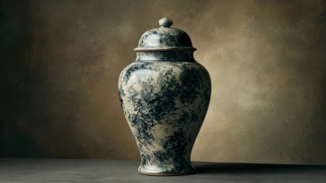 Covered Blue and White Ceramic Jar with Marble Pattern on a Gray Surface Against a Blurred Background with Neutral Tones Studio Lighting Creates Contrast and Focus