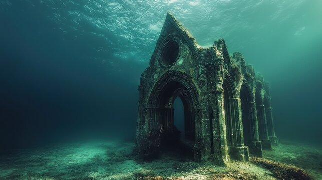 Submerged Ruins - An Underwater Architectural Marvel in Deep Blue.