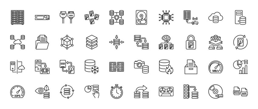 Data storage line icon set. vector pictograms of servers, hard drives, ssd, cloud, and network, thin linear illustration.