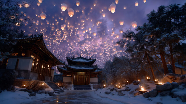 A peaceful New Year celebration in a snowy Beijing temple courtyard, families releasing red lanterns into the sky, traditional Hanfu clothing, incense smoke drifting, ancient archi