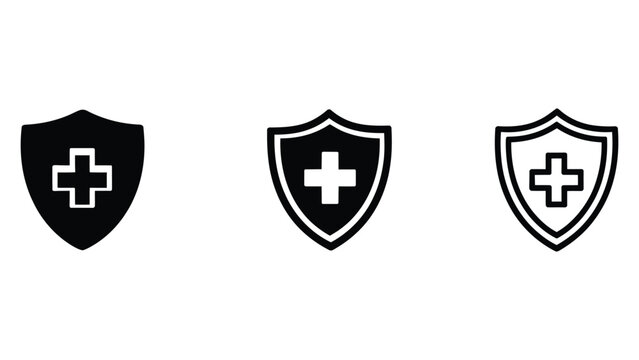  Medical shield icon set featuring solid, filled, and outline protection symbols with a cross emblem representing healthcare safety, medical security, health insurance, and emergency care concepts