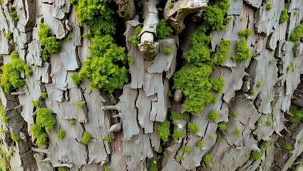 Moss growing on tree bark, natural texture, green and grey colors