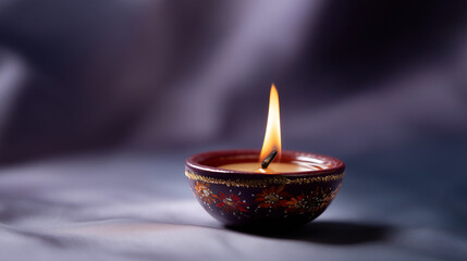 A beautifully crafted traditional Indian Diwali diya (oil lamp) placed at the center of the composition, captured in a clean, elegant layout. The diya is made of polished terracott