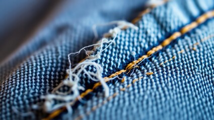 Torn denim jeans fabric with yellow stitching and frayed threads closeup