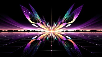 An abstract digital illustration of a butterfly shape with geometric patterns, reflected in a grid-like landscape, set against a dark night sky.