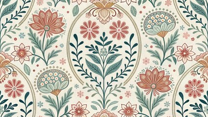 Seamless folk art pattern with vertical oval motifs featuring stylized flowers in rust/coral, teal, and pale yellow on a light background. Use for textile, spring, or vintage craft blogs/sites.