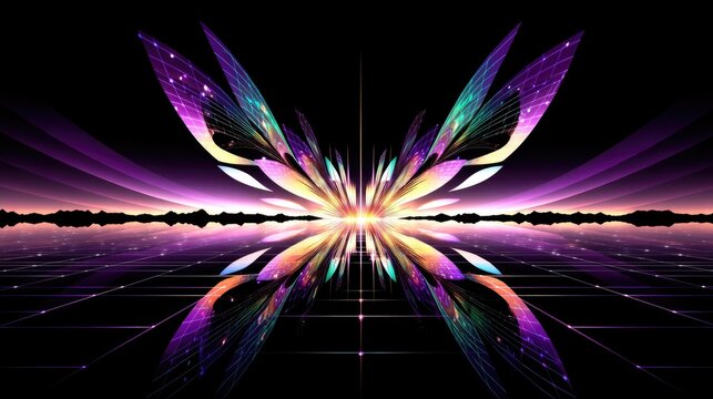 An abstract digital illustration of a butterfly shape with geometric patterns, reflected in a grid-like landscape, set against a dark night sky.