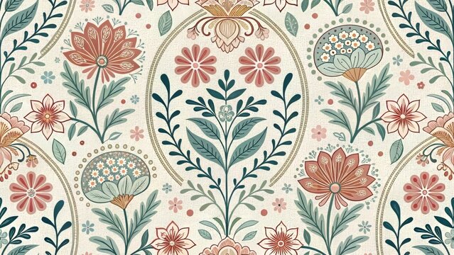 Seamless folk art pattern with vertical oval motifs featuring stylized flowers in rust/coral, teal, and pale yellow on a light background. Use for textile, spring, or vintage craft blogs/sites.