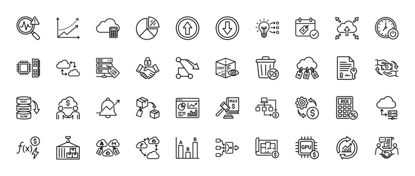 Business and technology line icon set. Vector pictograms of analysis, data, cloud computing, finance, and strategy, thin linear illustration.