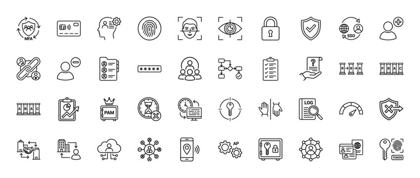 Security and authentication line icon set. Vector pictograms of fingerprint, padlock, key, and user data, thin linear illustration.