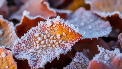 Frosty autumn leaves with ice crystals, seasonal nature background