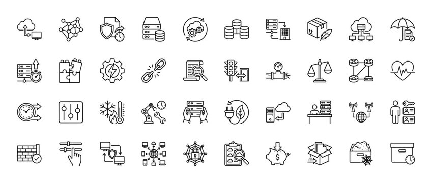 Technology and data line icon set. Vector pictograms of cloud computing, network security, database management, and automation, thin linear illustration.