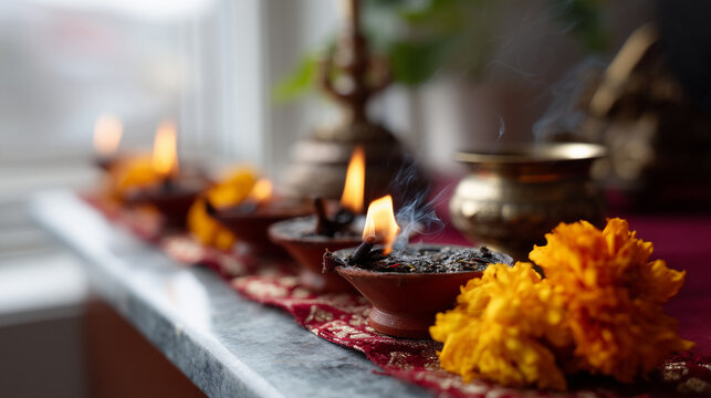 A richly decorated Hindu ceremonial altar captured in a medium close-up composition with sharp focus on foreground ritual objects and naturally soft background depth. The scene is