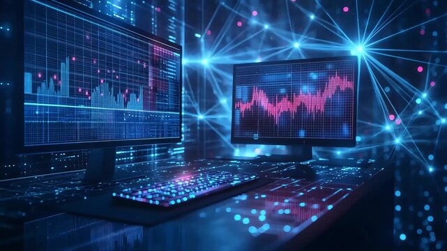 An abstract visualization of data analysis, featuring two computer screens displaying financial charts and a connected wireframe poly line animation for a futuristic and dynamic scene.