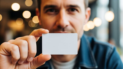 A man holds up a blank business card, close-up card , blur background