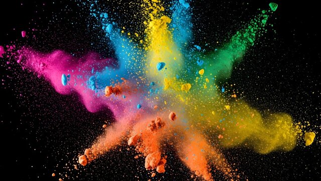 Explosion of vibrant Holi powder creating a colorful burst against a dark background
