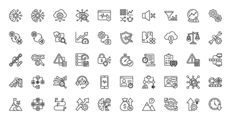 Technology and business line icon set. Vector pictograms of artificial intelligence, cloud computing, data analysis, security, contract, and workflow, thin linear illustration.